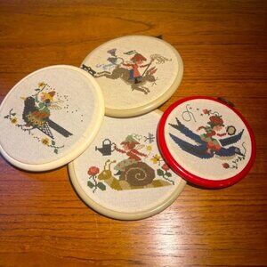 Vintage Set Of 4 Cross  Stitch Fairies Framed Handmade Wall Decor Ornament